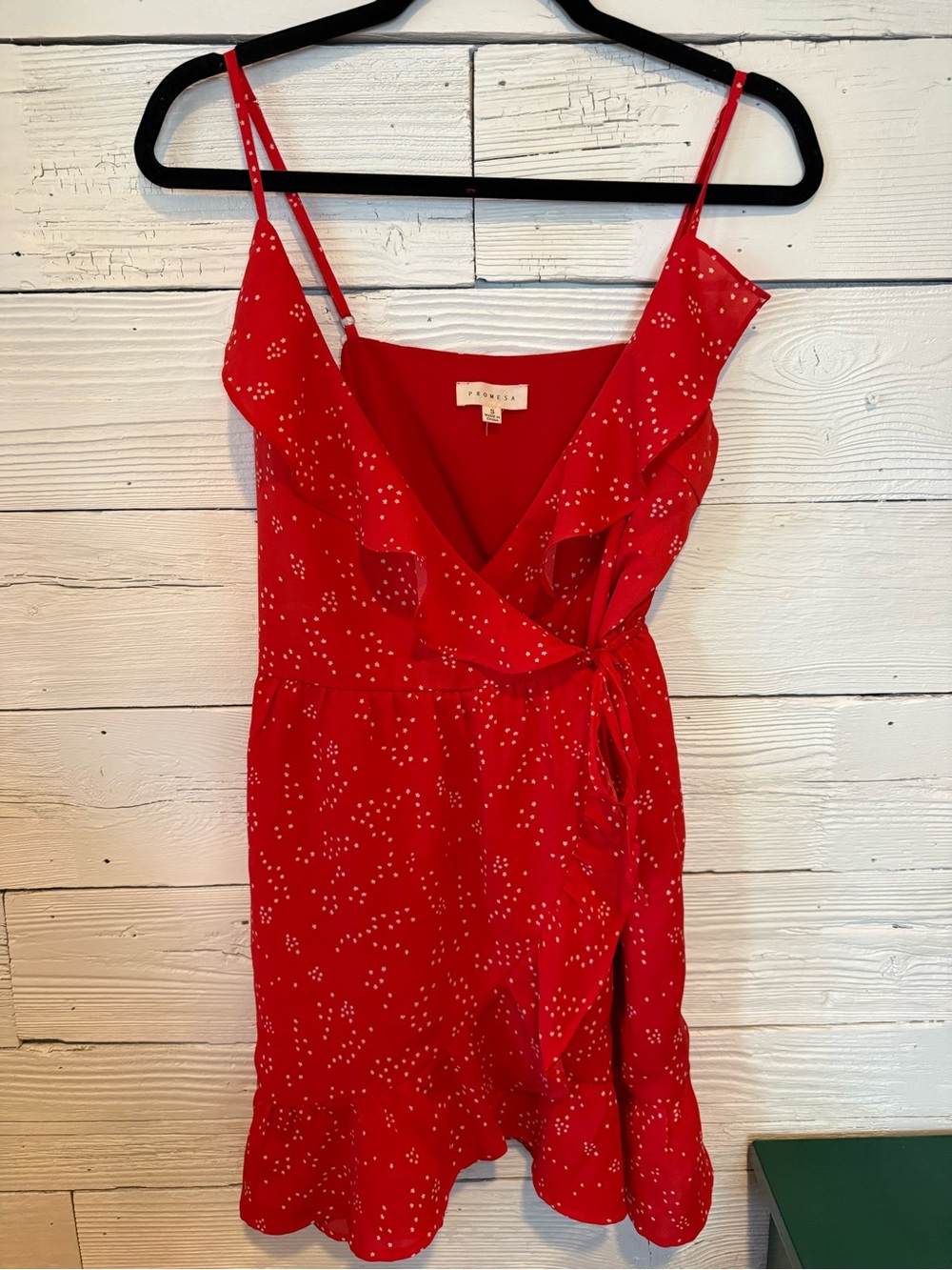 Promesa Red Star Spotted Ruffle Wrap Mini Dress
